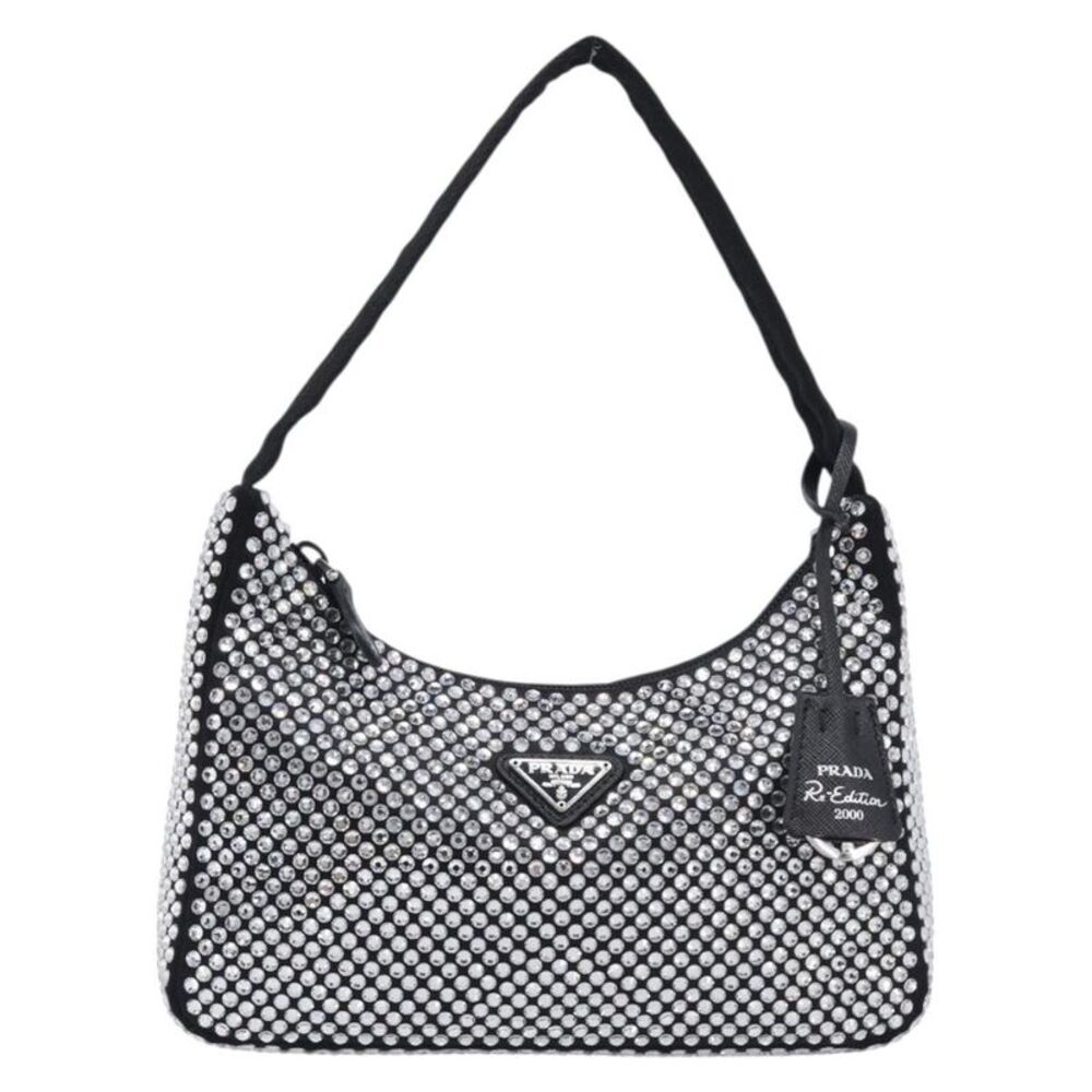 Prada Re-Edition 2000 Hobo Crystal Embellished Satin Silver Silk Shoulder Bag